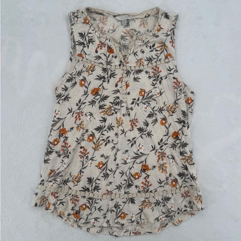 Lucky Brand Floral Crochet Sleeveless Linen Blend Top Lace Trim Womans Sz Medium